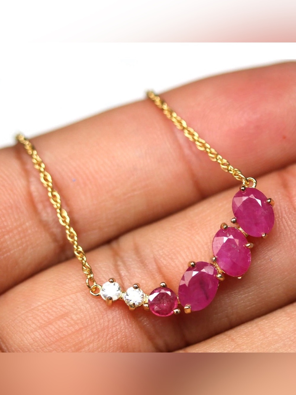Stunning Natural Red Ruby Nearly 3CT Oval w/ Zircon 18K Yellow Gold 18” Necklace